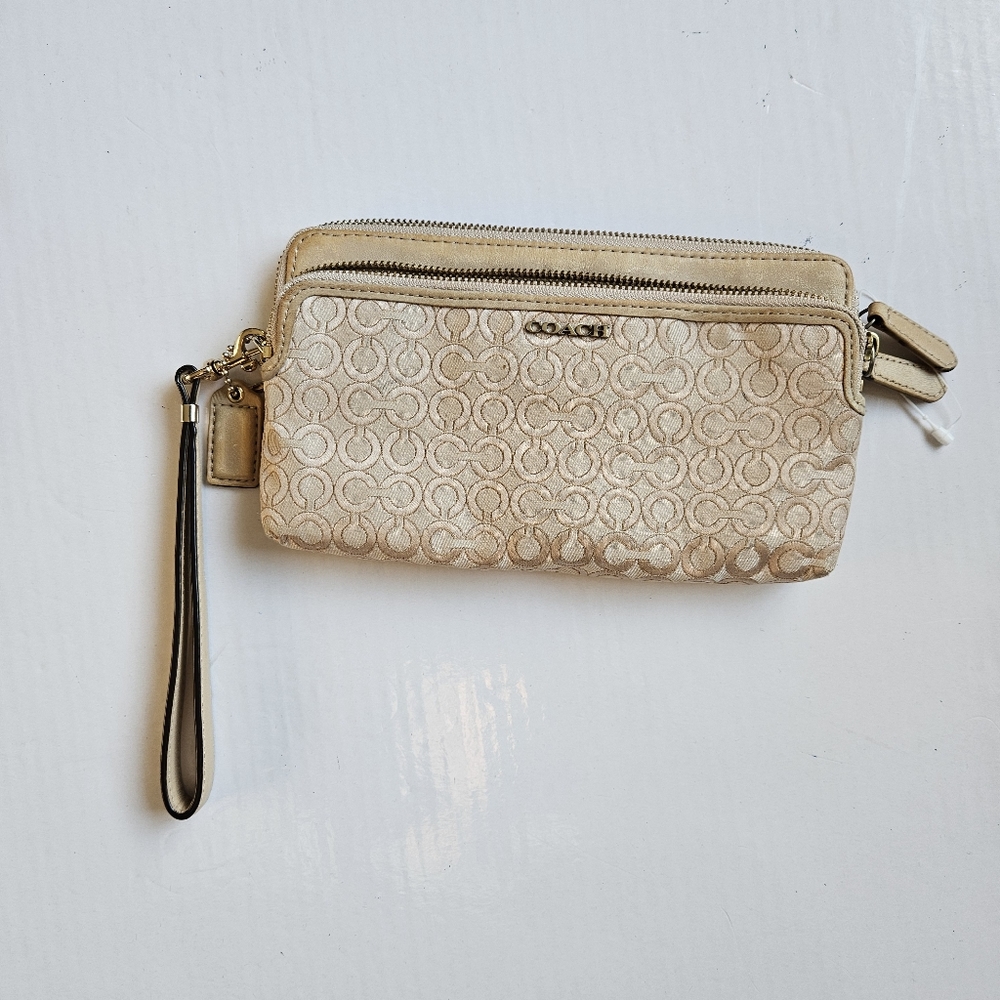 Coach Op Art Fabric and Leather Double Zip Wristlet